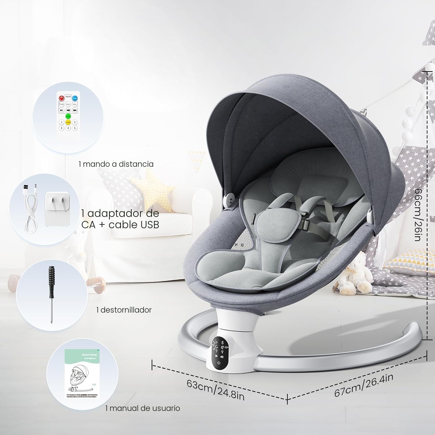 Hamaca para Bebé, Arnés Actualizado de 5-Puntos Eléctrica Silla Mecedora para 0-9 kg de Bebé, App y Control Remoto Hamaca Bebe con 3 Temporizadores, 5Velocidades de Columpio y Melodias Gris