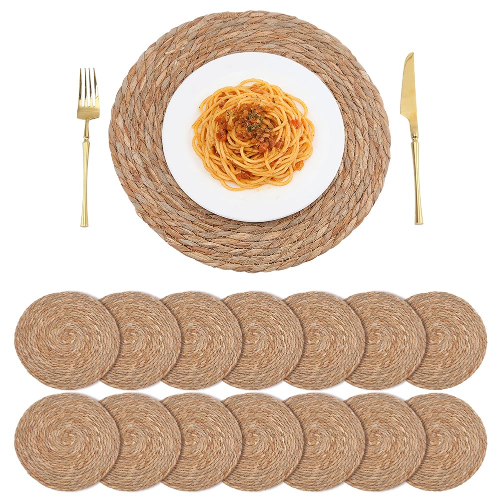 Gewebte Platzsets, rund, 34 cm, Rattan-Platzset, Bauernhaus, Boho, natürliche Wasserhyazinthe, Platzsets für Zuhause, Speiseteller, Urlaubsbedarf, 14 Stück