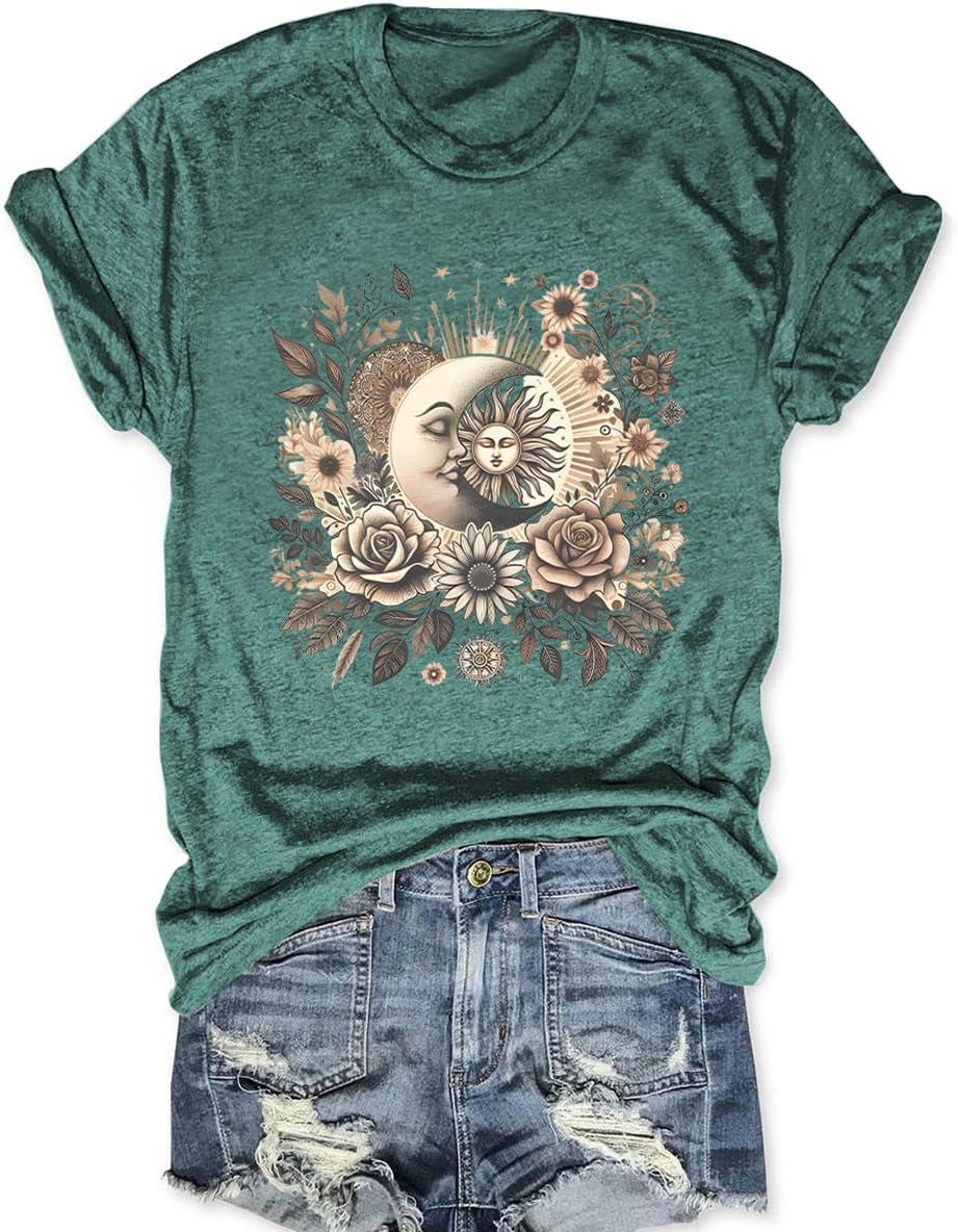 Boho Tops for Women Mystic Moon and Sun Wildflowers T-Shirt Celestial Tees Spiritual Astrology Shirt