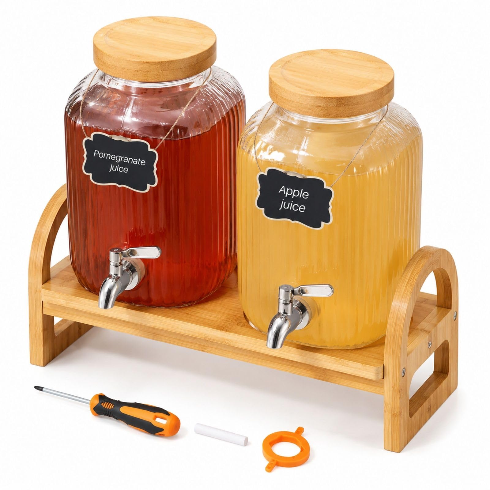 Szklany dystrybutor napojów 2 x 3,8 l, przezroczysty podwójny cylinder z kranem i drewnianą podstawką na przyjęcie, bar, restaurację, lemoniadę, herbatę mrożoną