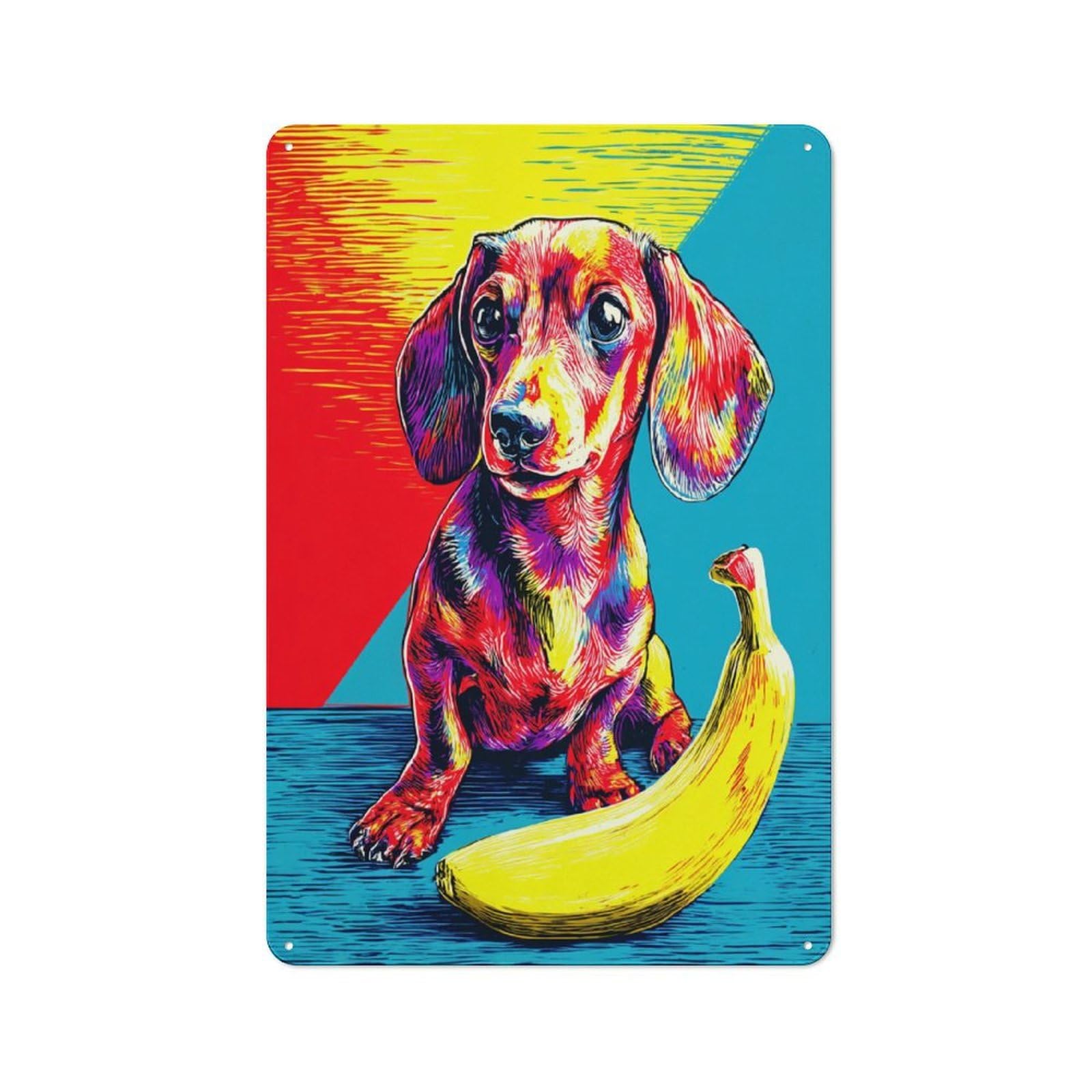 Junmoney Colorful Dachshund With Banana Retro Tin Sign 30X20cm For Lounge Or Reading Corner, For Home Wall Decor Collectors