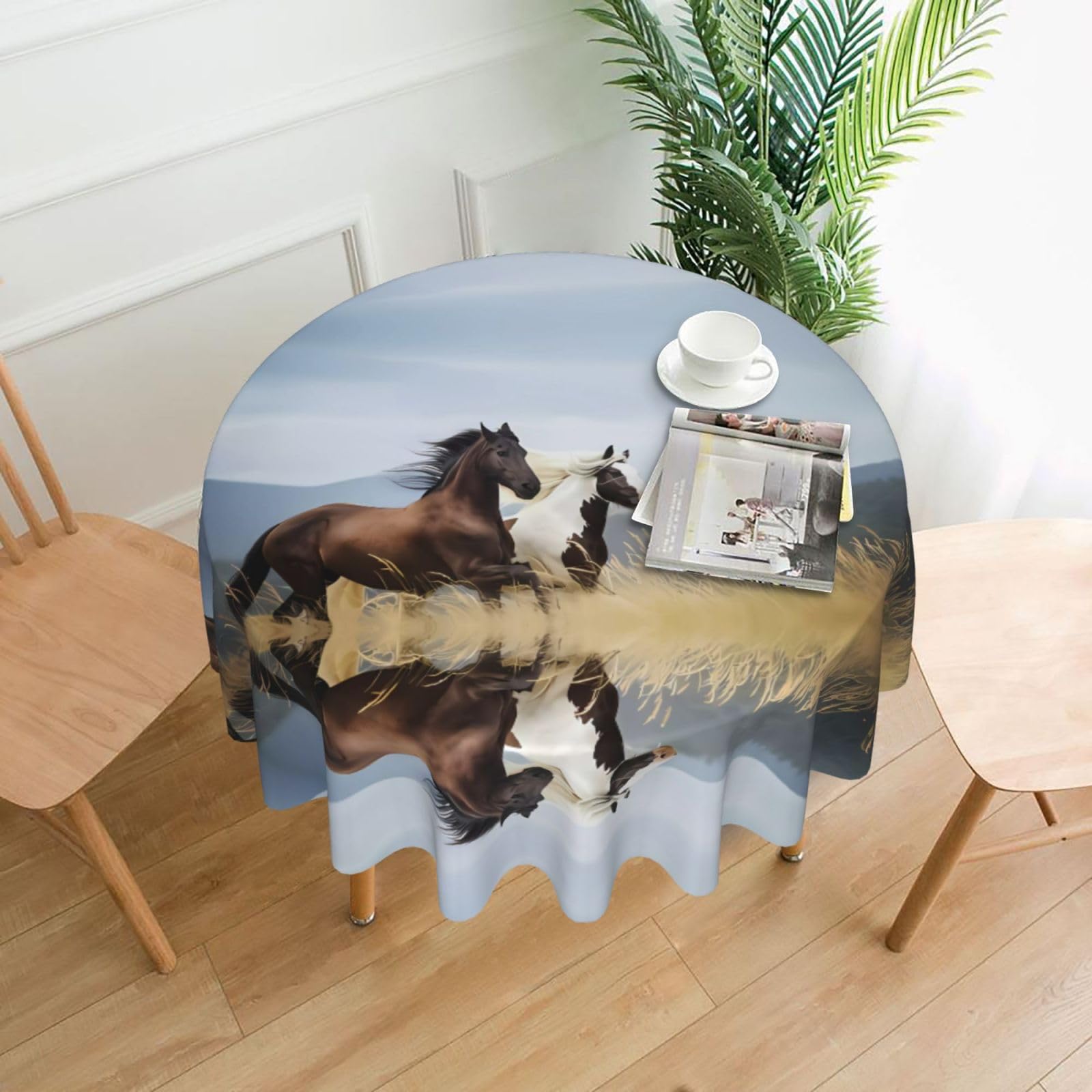 ZHAOUR Horses Running Art Print Round Washable Tablecloth – Table Cover