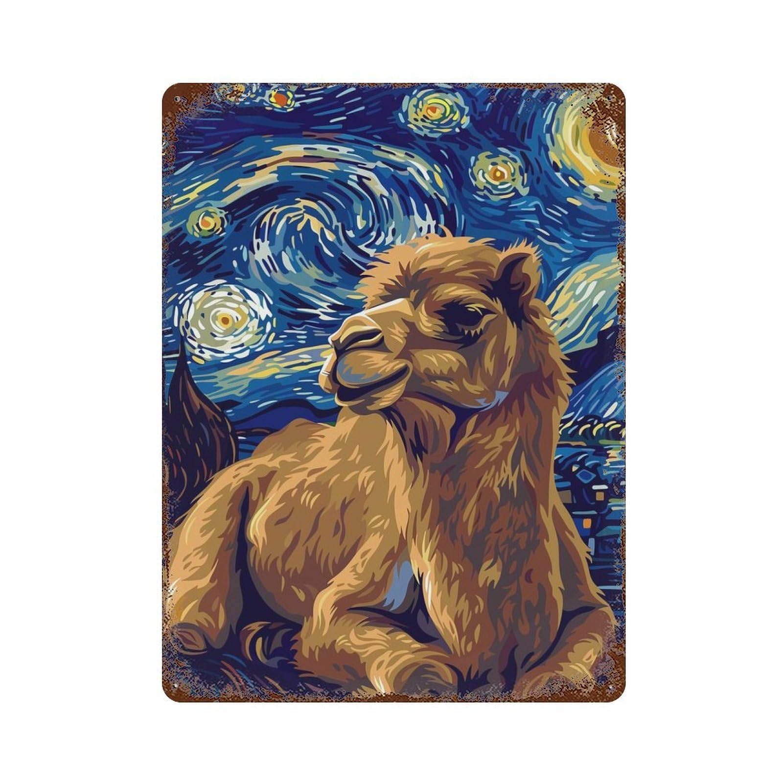 Camel in Starry Night Style 15.7"x11.8" Rusty Metal Tin Sign, Novelty Wall Decor for Cafe, Home Bar And Lounge Decor