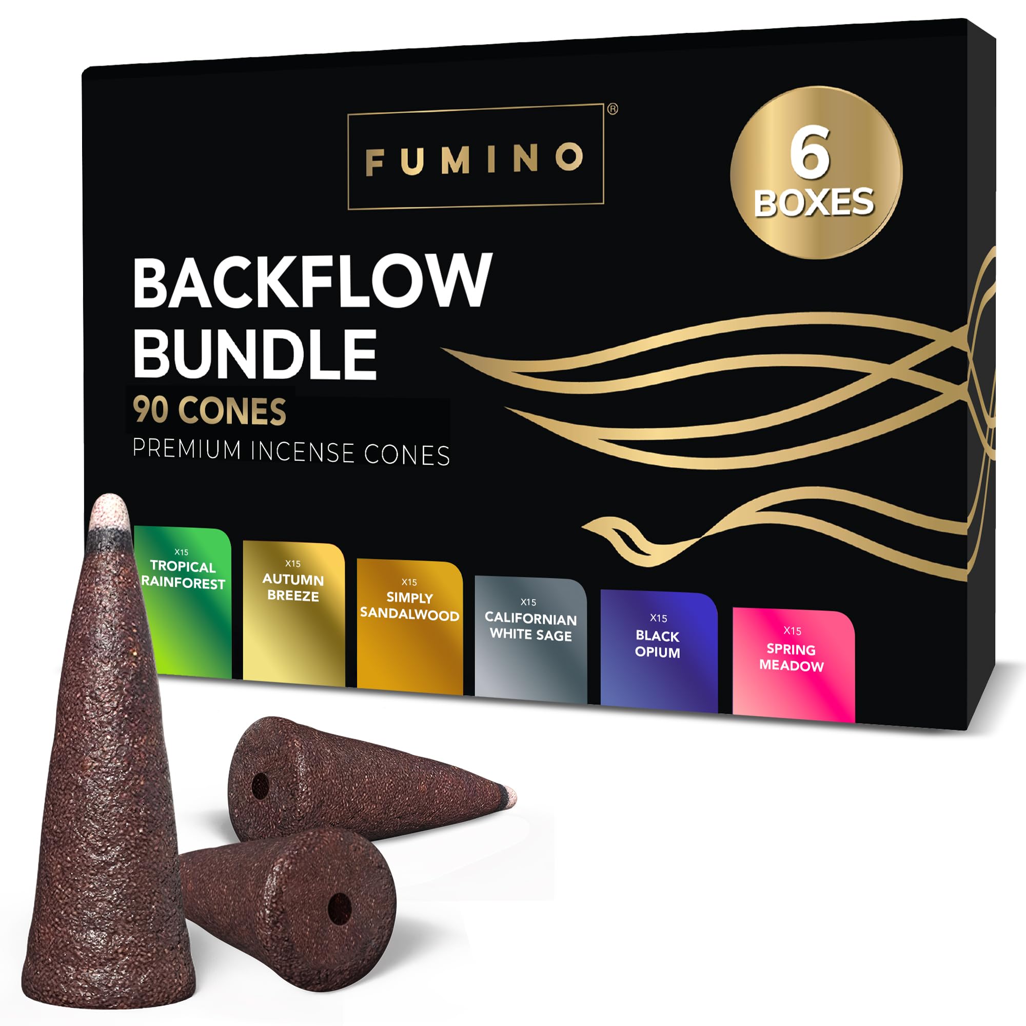 Fumino Fresh Backflow Incense Cones Multipack Essentials Bundle 6 Boxes 90 Cones Masala Agarbatti Joss Scent Fragrance for Relaxation and Meditation, Home and House Decor