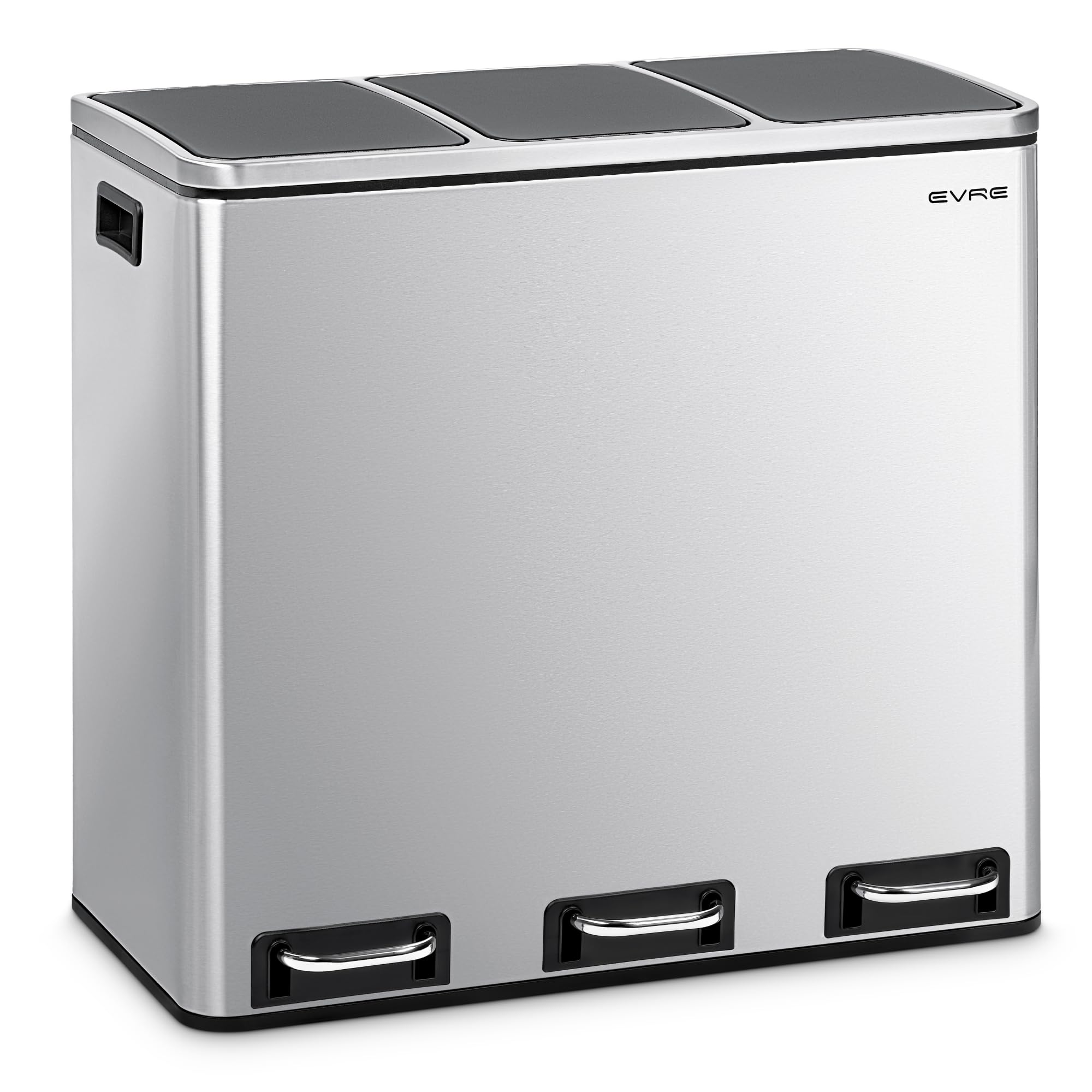 EVRE 54 Litres Stainless Steel 3 Compartment Indoor Recycling Bin with Soft Closing Lids, Pedal Mechanism, Fingerprint Proof and Odour Seal for Kitchens Bathroom Office 18L x 3