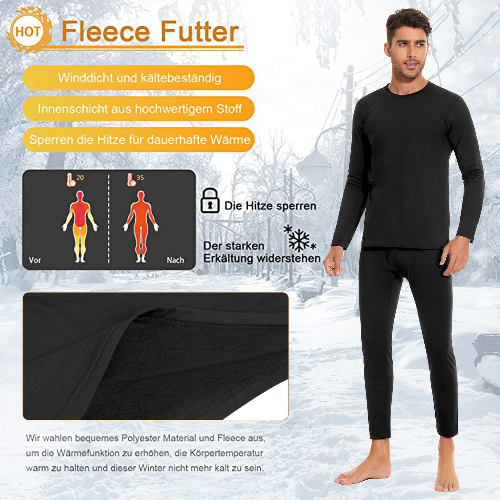 SIMIYA Conjunto de ropa interior térmica para hombre, ropa interior cálida con forro polar, parte superior e inferior ultraligeras con abertura, manga larga, ropa interior funcional de cuello redondo