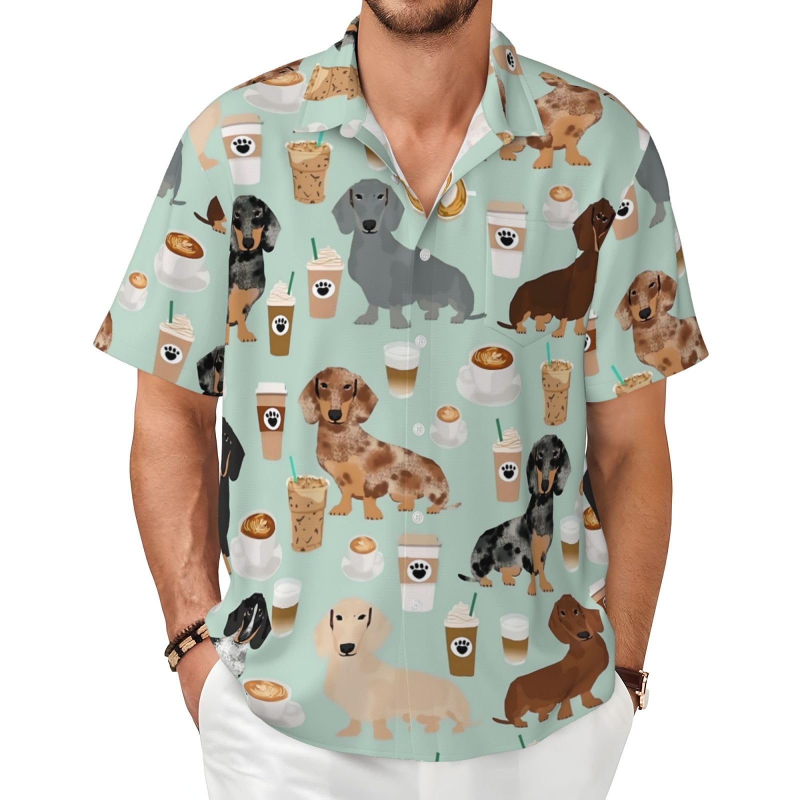 XIAKU Ohio State Gray Men's Shirts Short Sleeve Casual Fashion Polo Button Down Shirt for Men Beach Summer Wedding Pocket, Cute Colored Coffee Dachshund, 3XL