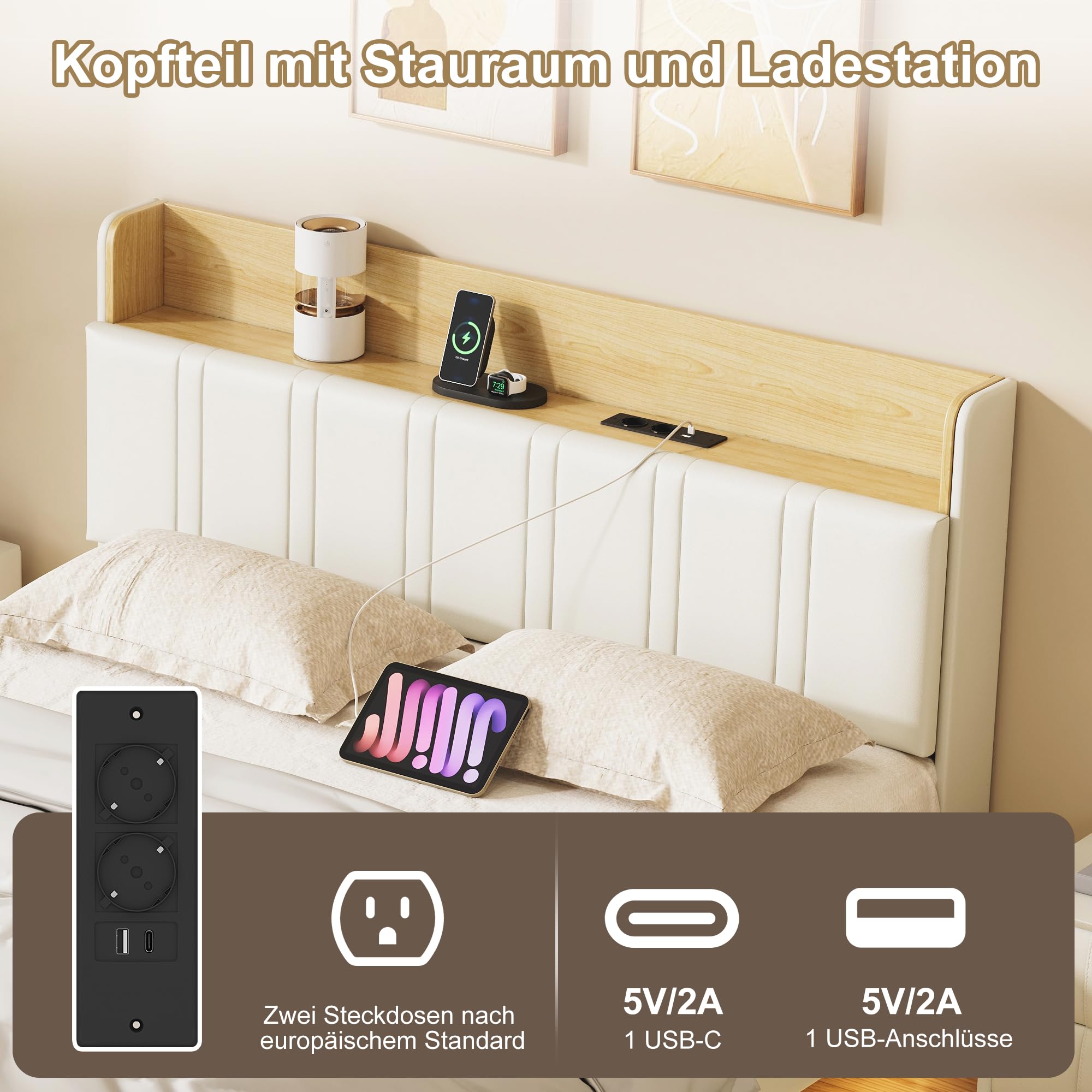BRILVERDE Polsterbett 160x200 mit LED, Platformbett mit USB, Funktionsbett mit Kopfteil, Schwebebett mit Lattenrost, PU (Weiß Flache Eiche, 160 x 200 cm)