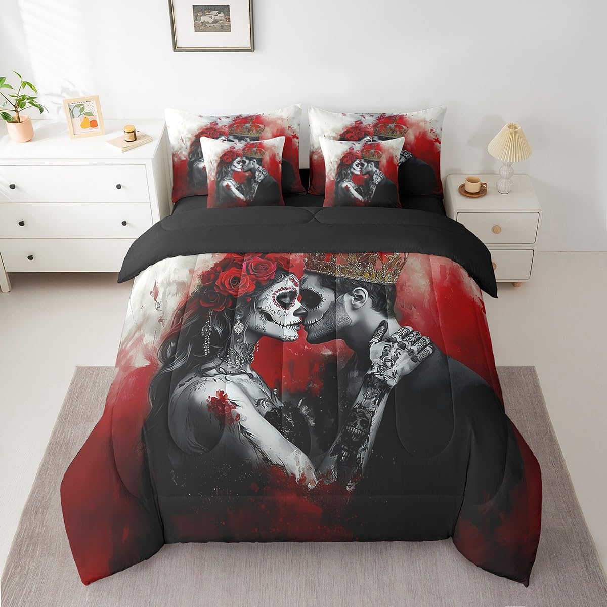 Erosebridal 3D Couple Skull Bedding Set Full Size,Romantic Gothic Lover Comforter Set,Valentine's Day (Comforter+Fitted+Flat Sheet+2 Pillowcases+2 Throw Pillow Covers) 7 Pieces Blood Print Bed Set