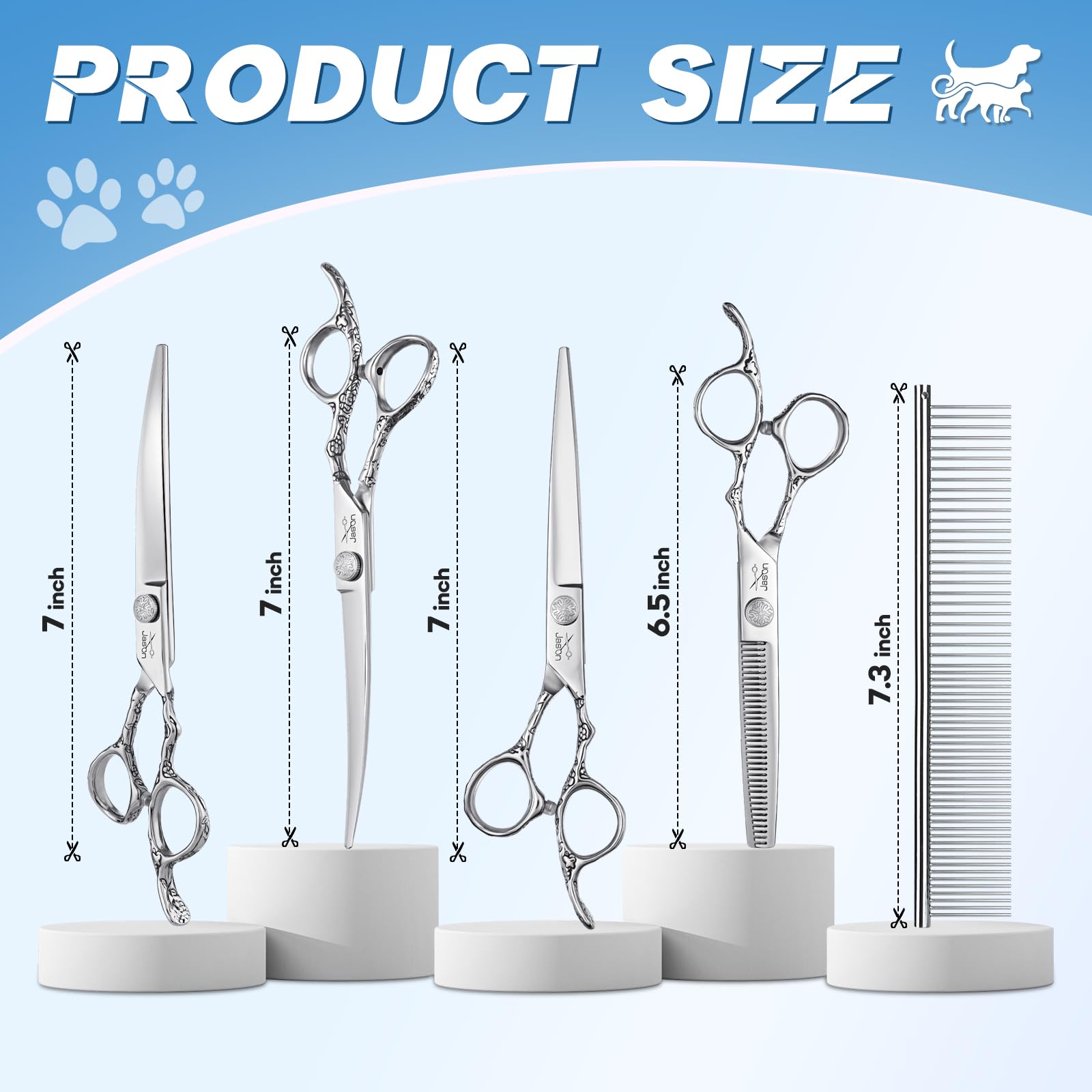 JASON Juego de tijeras profesionales para perros, 6 en 1, juego de tijeras rectas/curvadas/chunker y peine para perros, gatos, mascotas, con tornillo ajustable, color plateado