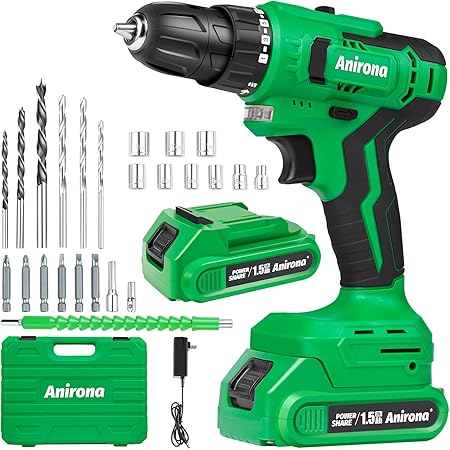 Anirona Cordless Power Drill Set, 20V Cordless Drill with Battery and Charger, 350 In-lb Torque, 3/8″Keyless Chuck, 2 Variable Speed, Fast Charger, 30pcs Bits Accessories with Case
