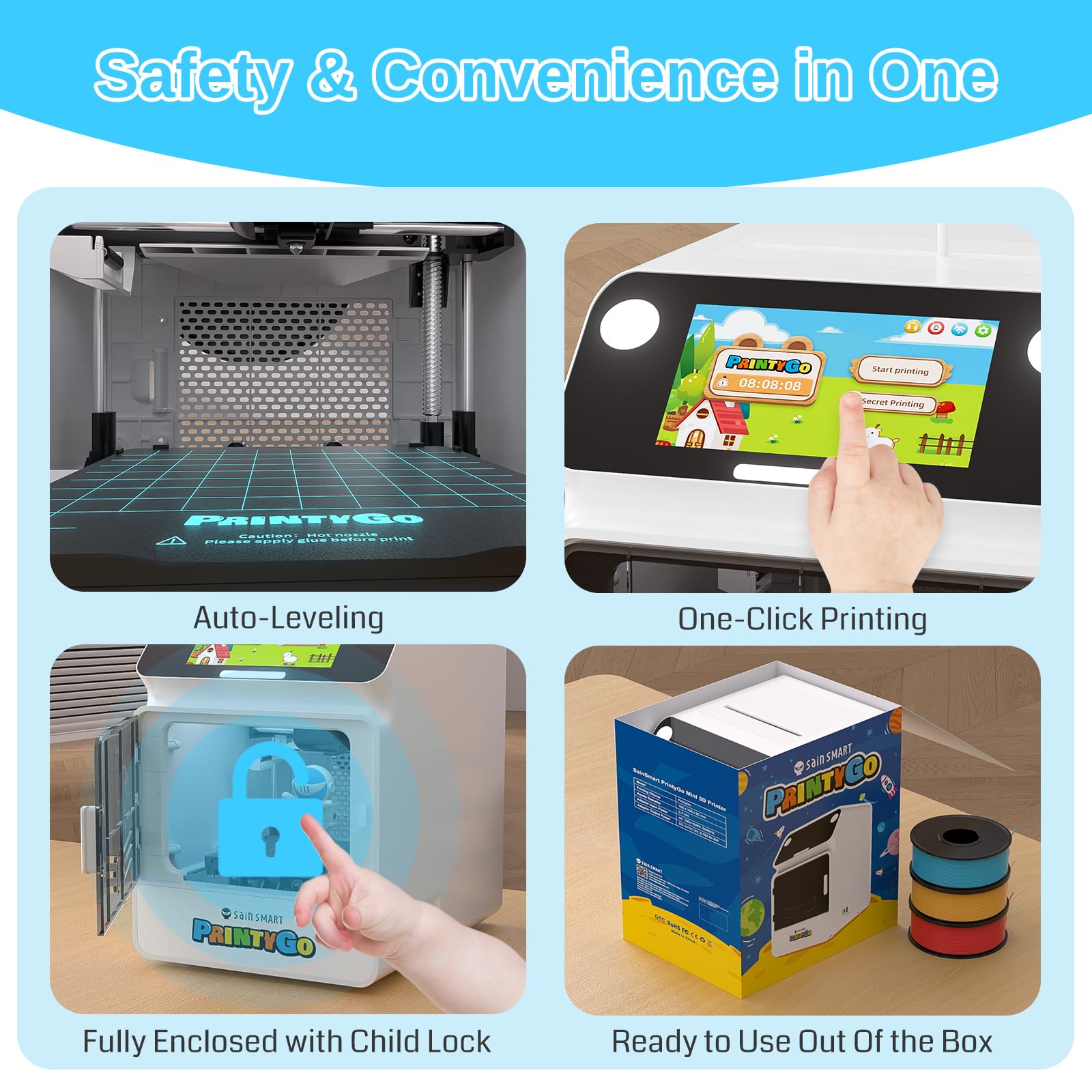 Drukarka 3D PrintyGo Mini dla dzieci, drukarka z automatycznym poziomowaniem 600 mm/s dla początkujących, bezpieczna dla dzieci konstrukcja, sterowanie przez Wi-Fi/aplikację, prezent do nauki STEM