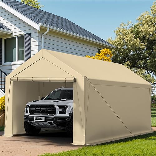 Carport Canopy 10x20 Heavy Duty, Portable Carport Garage with Removable Sidewalls and Door, Car Port with Waterproof Canopy for All Season (Beige)