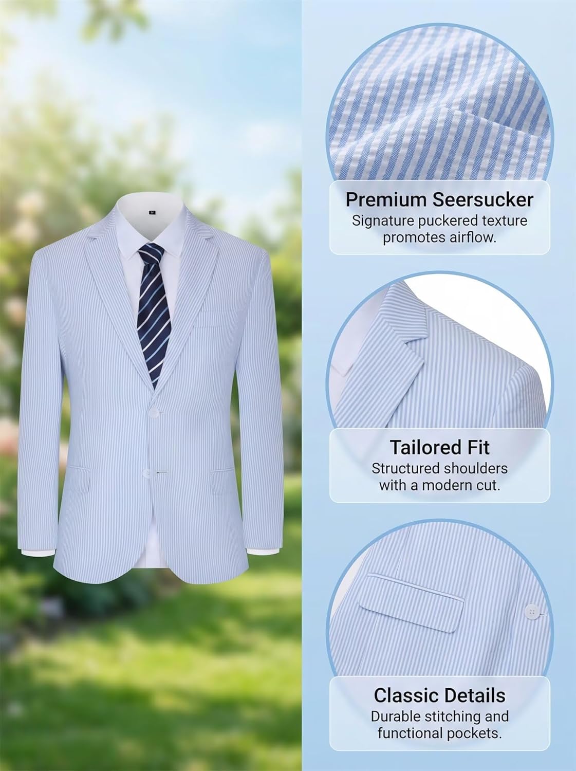 Wehilion Mens Seersucker Suits 2 Piece Casual Summer Beach Men Suits Wedding Grooms Jacket Pants Striped Suit Set - Image 4