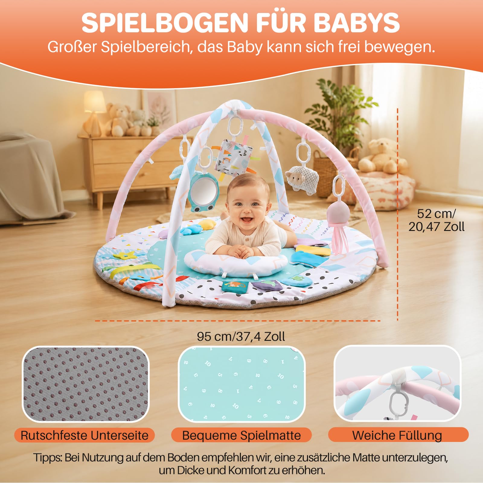 FUNYKICH Spielbogen Baby, Spieldecke Baby mit 6 Spielzeugen & Kissen, Rutschfeste Baby Gym für Babys von 0-18 Monaten, fördert Sinne & Motorik, zusammenklappbare Spielmatte ideales Geschenk für Babys