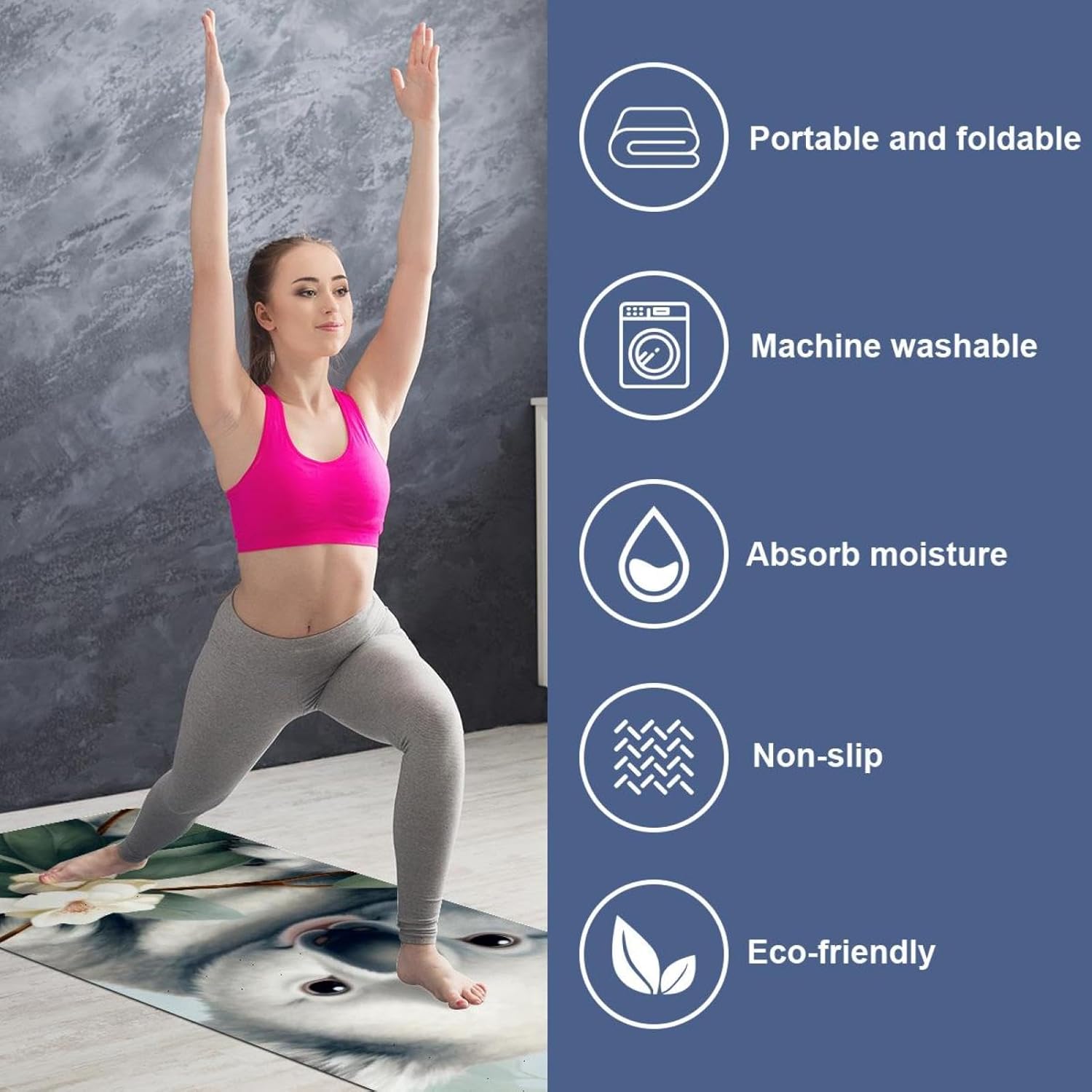 Yoga Towel, Koala Flowers Pattern Non Slip Sweat Absorbent Hot Yoga Mat Towel for Hot Yoga, Pilates and Fitness - 72.8" x 26.8"