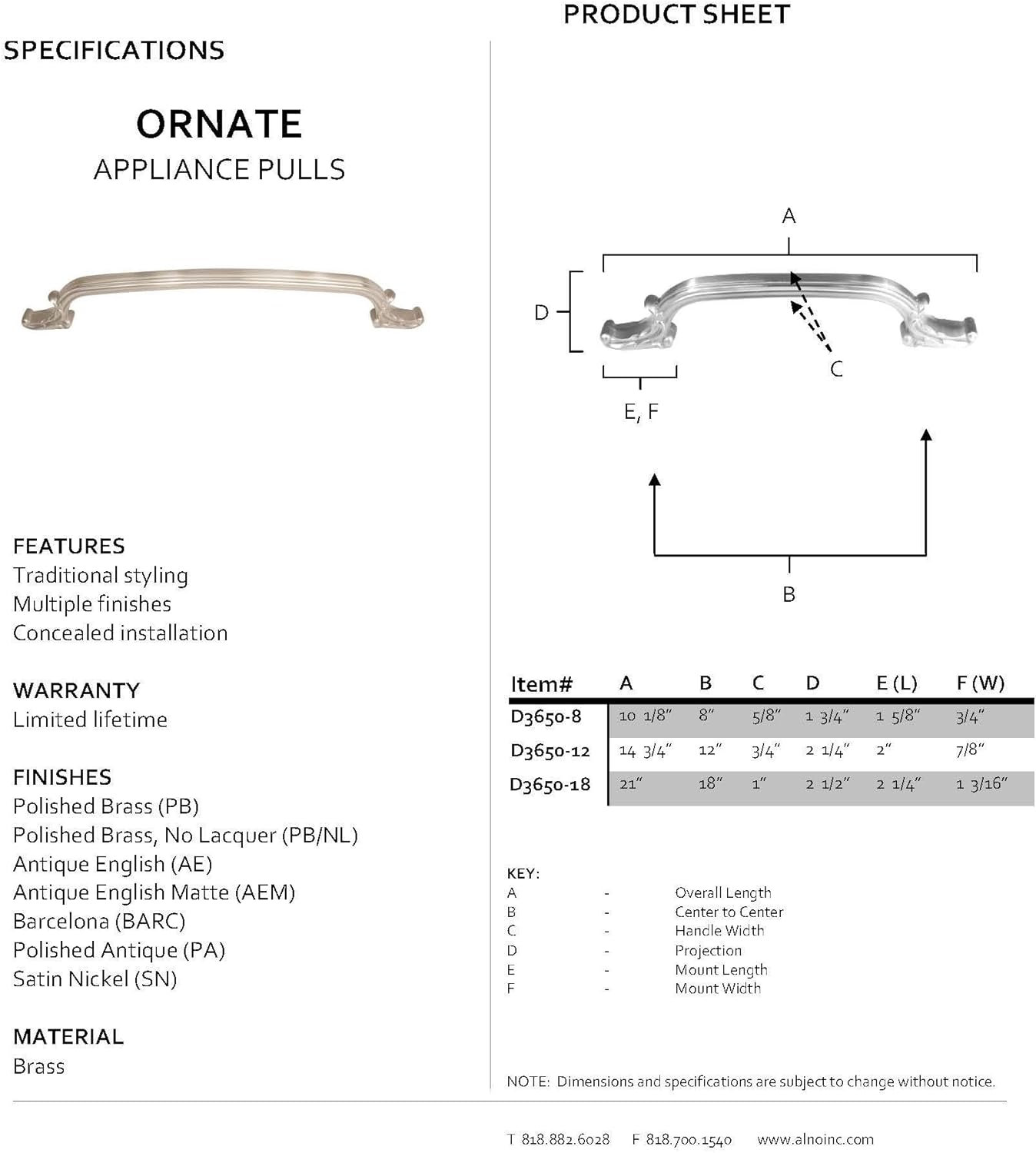 Alno D3650-8-PB Traditional Ornate Appliance Pull, Polished Brass