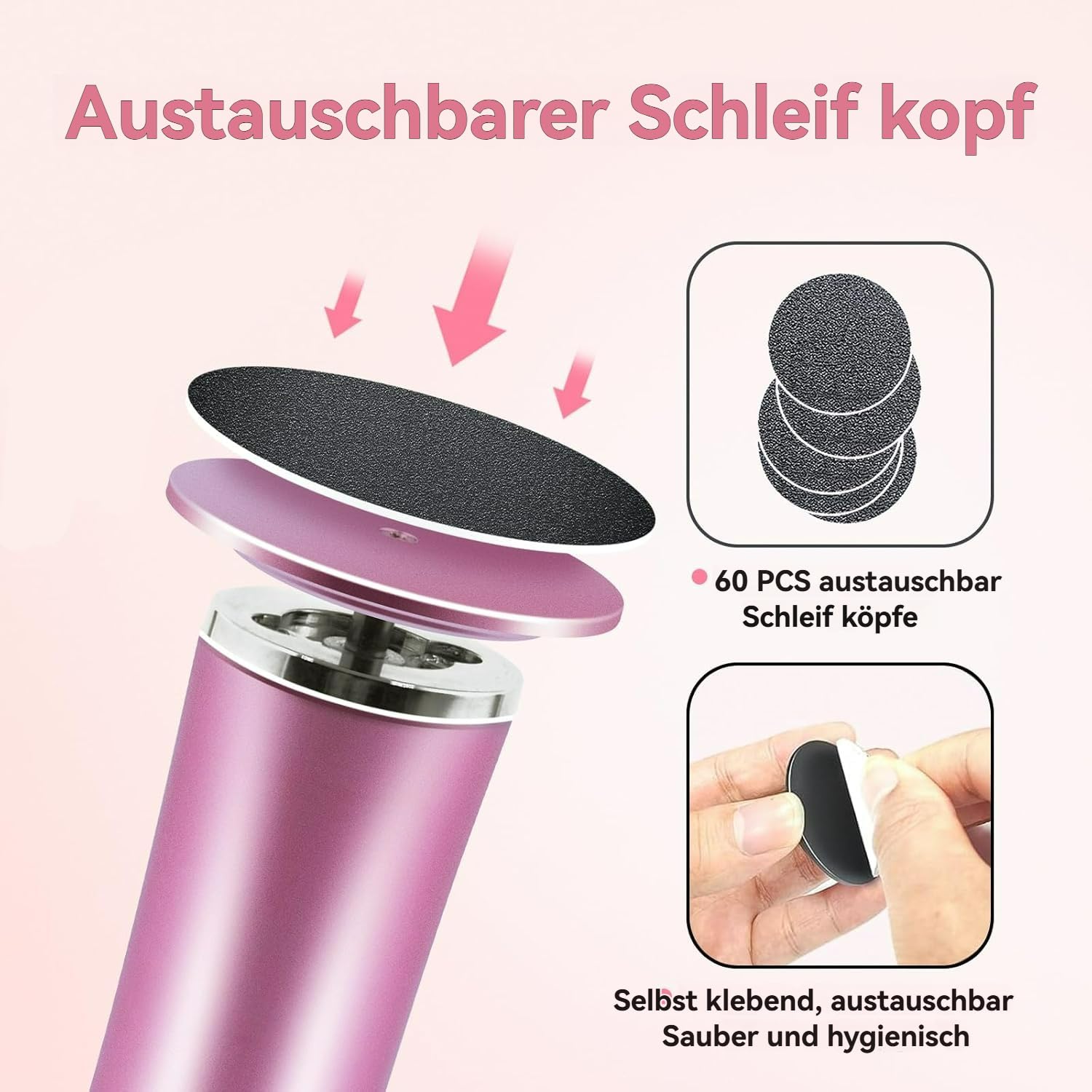 Dermaglide Hornhaut Entferner, DermaGlide Pro, Hornhautentferner Elektrisch mit 60 Schleifpapierscheiben, für Abgestorbene Haut, Rissige Haut, Schwielen (Rosa)