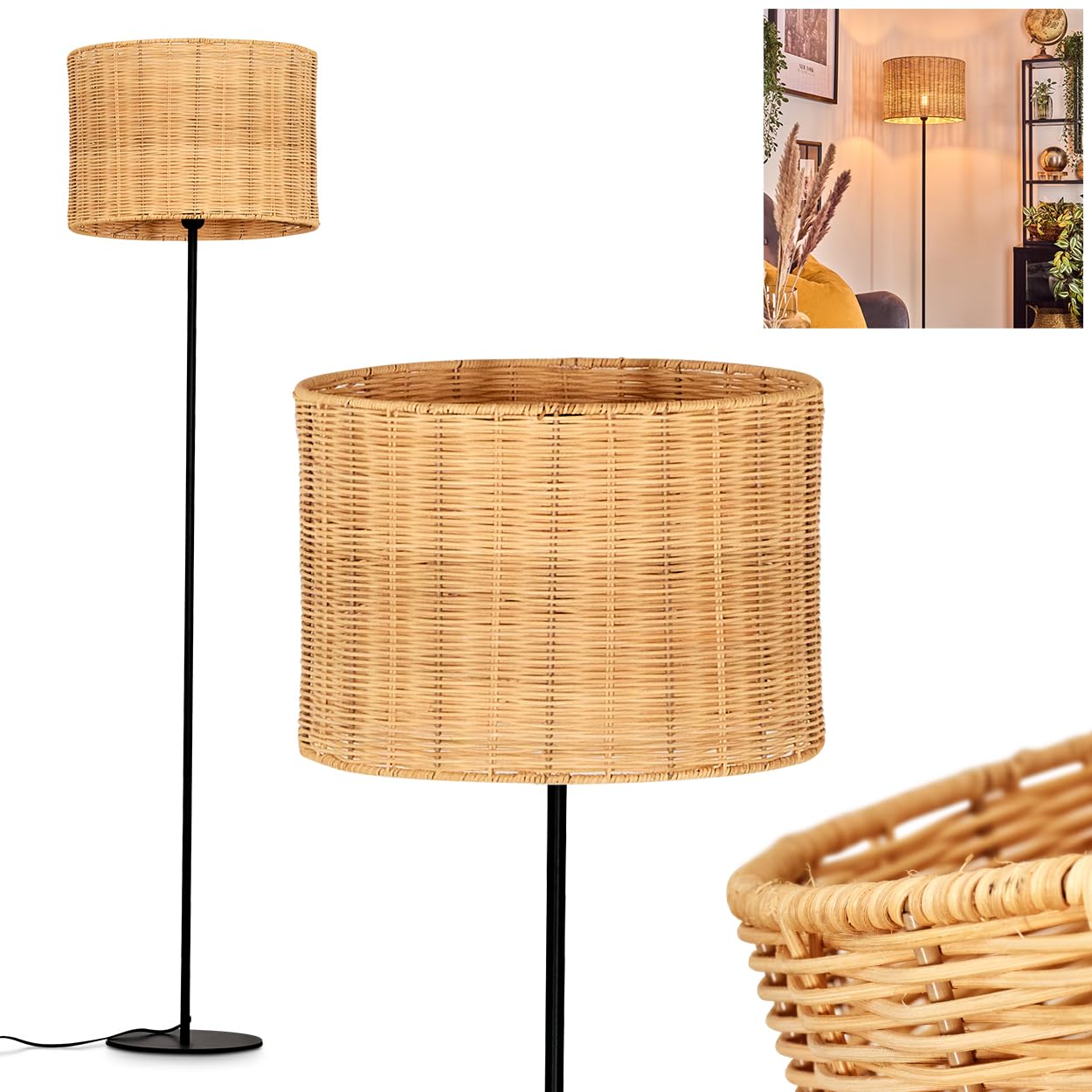 Stehleuchte Cavaca, Stehlampe aus Metall/Bambus in Schwarz/Natur, Leuchte im skandinavischen Design mit rundem Schirm (Ø 40 cm) u. Fußschalter, Höhe 158 cm, 1 x E27, ohne Leuchtmittel
