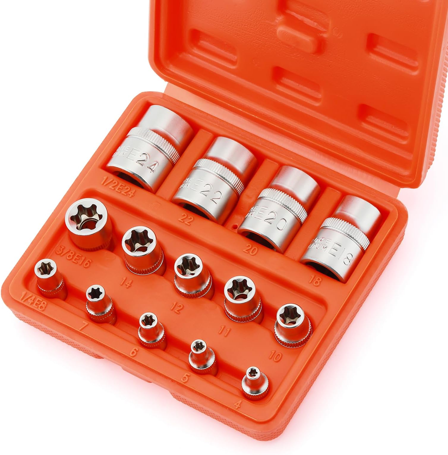 CASOMAN 14 Pieces Female E-TORX Star Socket Set with Rail, Female External Star Socket Set, E4 - E24 Torque Socket Set, 1/4"Dr. 3/8"Dr. 1/2"Dr.