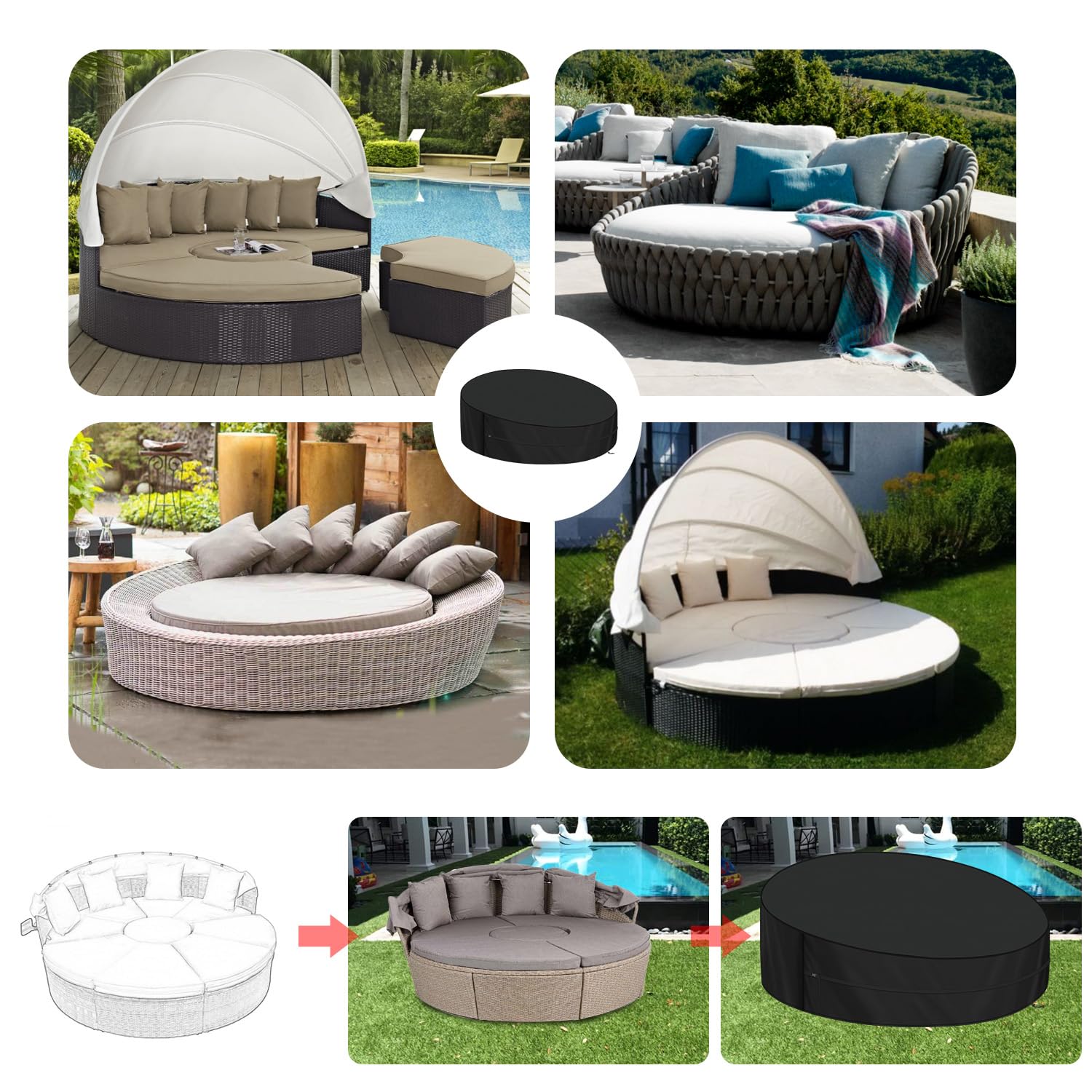 LAMUNI Coperture Isola Prendisole 180x90/50cm Copertura Letto da Giardino Rotonda Copertura per Divano Letto da Esterno Impermeabile 420D Tessuto Oxford Telo Copri Isola Prendisole da Giardino