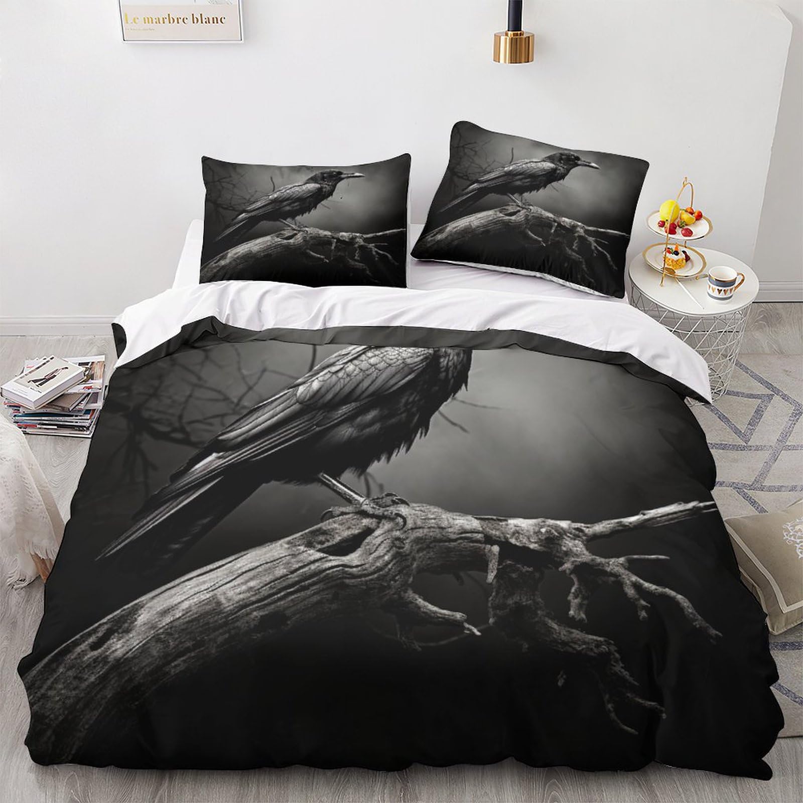 GEEYOU Raven Lovingly Quilt Cover Set Hidden Zipper Crows Duvet Cover Set with Pillowcases Bedding Set Soft Microfiber Comforter Cover Various Sizes for Kids Adults Double（200x200cm）