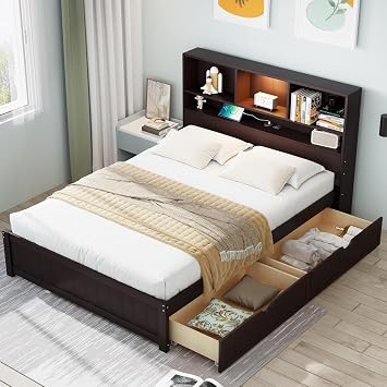 MERITLINE Twin Bed with Storage Headboard,Drawers,Charging Station and LED Lights, Wood Platform Bed with Storage Bookcase, No Box Spring Needed Twin,Espresso