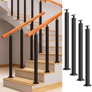 Stair Balusters Post, Black Square Metal Railing Spindles with Flat & Adjustable 270° Angle Bracket, Banister Column for Deck, Steps, Garden, Outdoor Stairs Remodeling, Front Mount