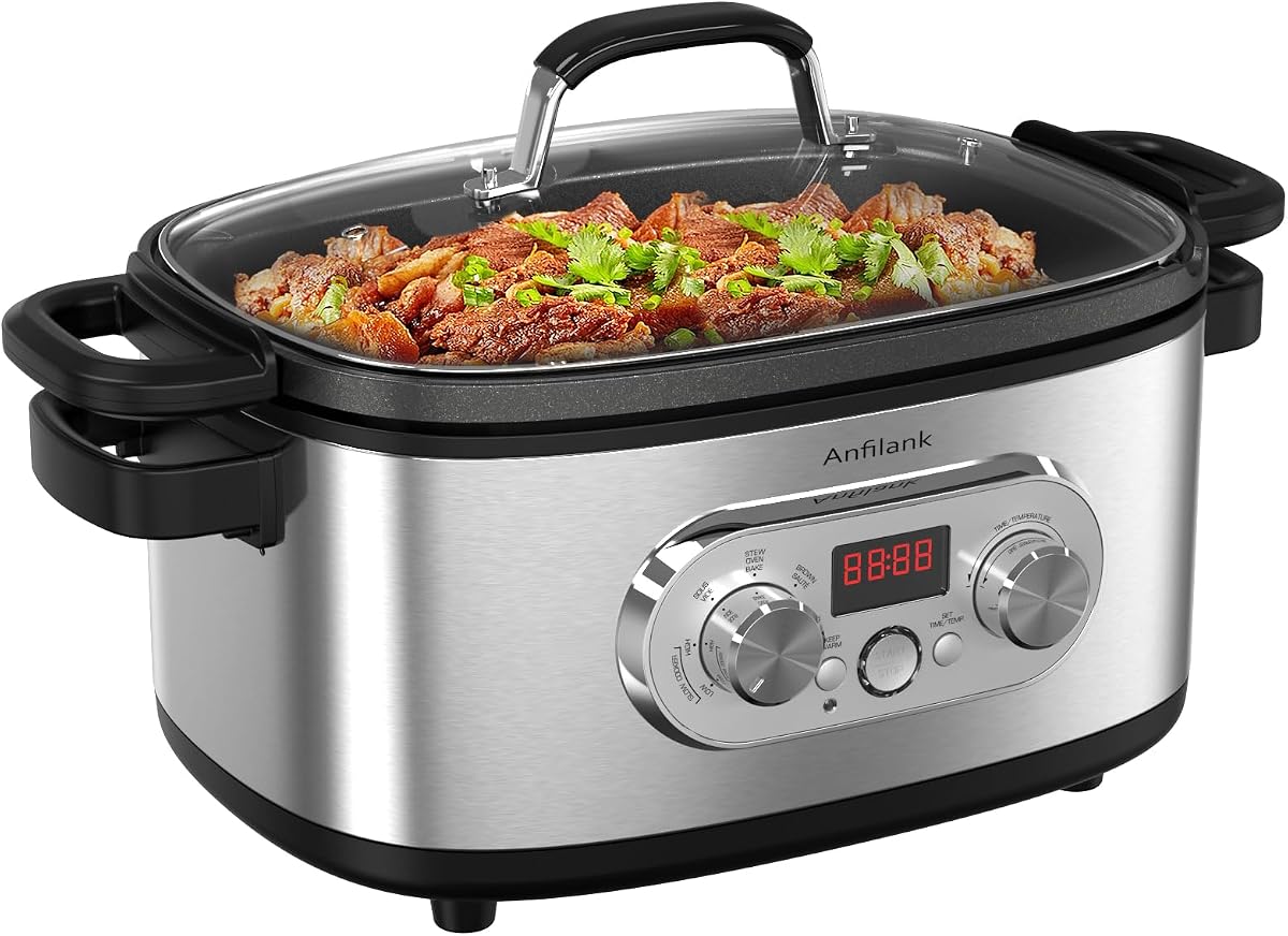 Olla de cocción lenta programable 10 en 1 con temporizador, olla de barro de 6,8 cuartos, preajustes para Sous Vide, hornear, saltear, cocinar arroz y más, olla antiadherente apta para lavavajillas, temperatura y tiempo ajustables, acero inoxidable