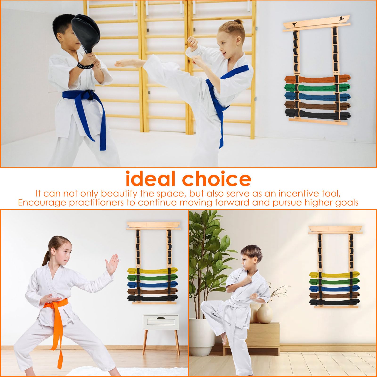 Soporte para cinturón Karate - 12 cinturones,Almacenamiento de cinturón de artes marciales de madera con colgador de medallas y pegatinas,Cinturón de artes marciales de madera,Equipo para