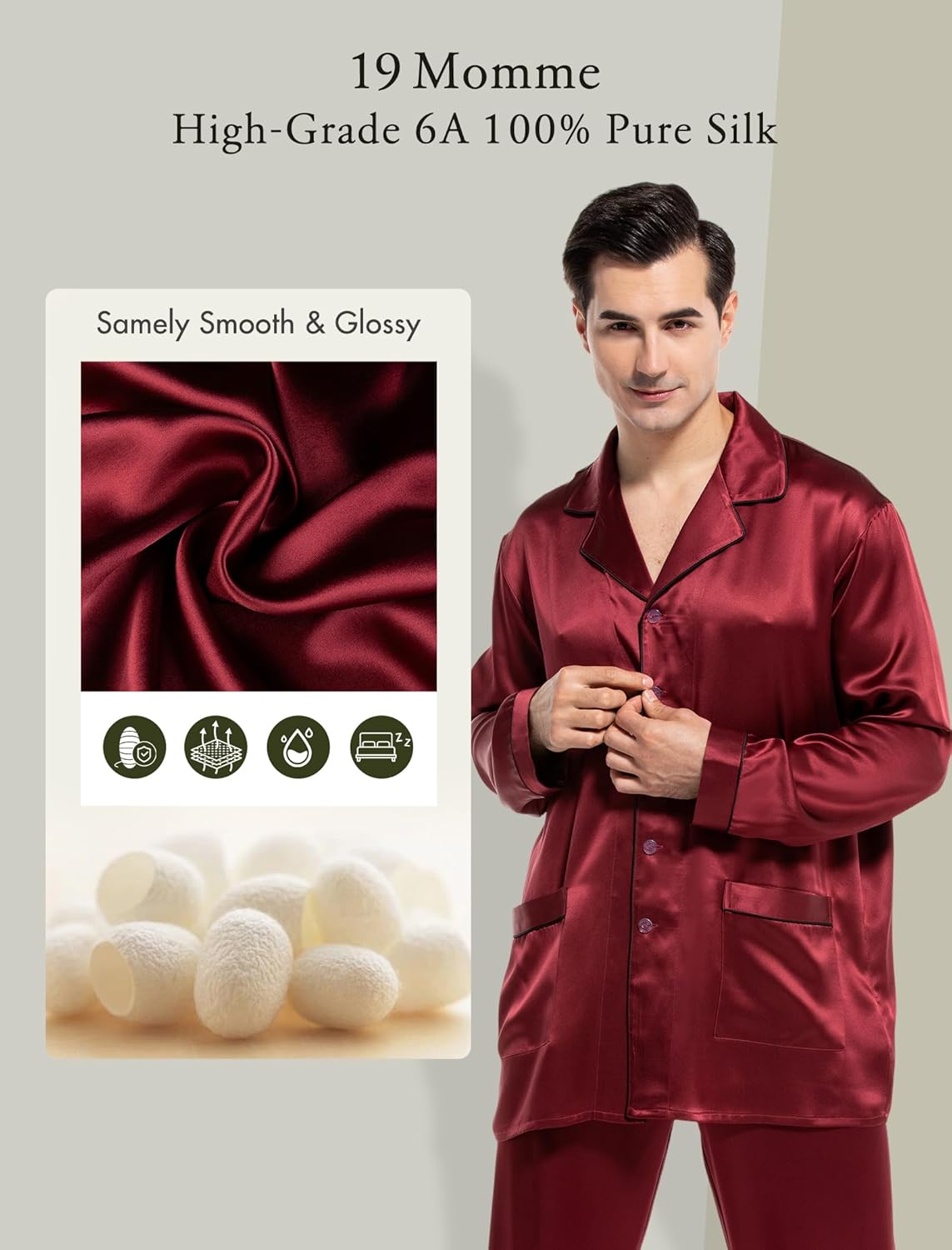 COLD POSH 100% 19MM Mulberry Silk Pajamas for Men Soft Lightweight Mens Silk Pajama Set for Valentines Pjs - Image 5