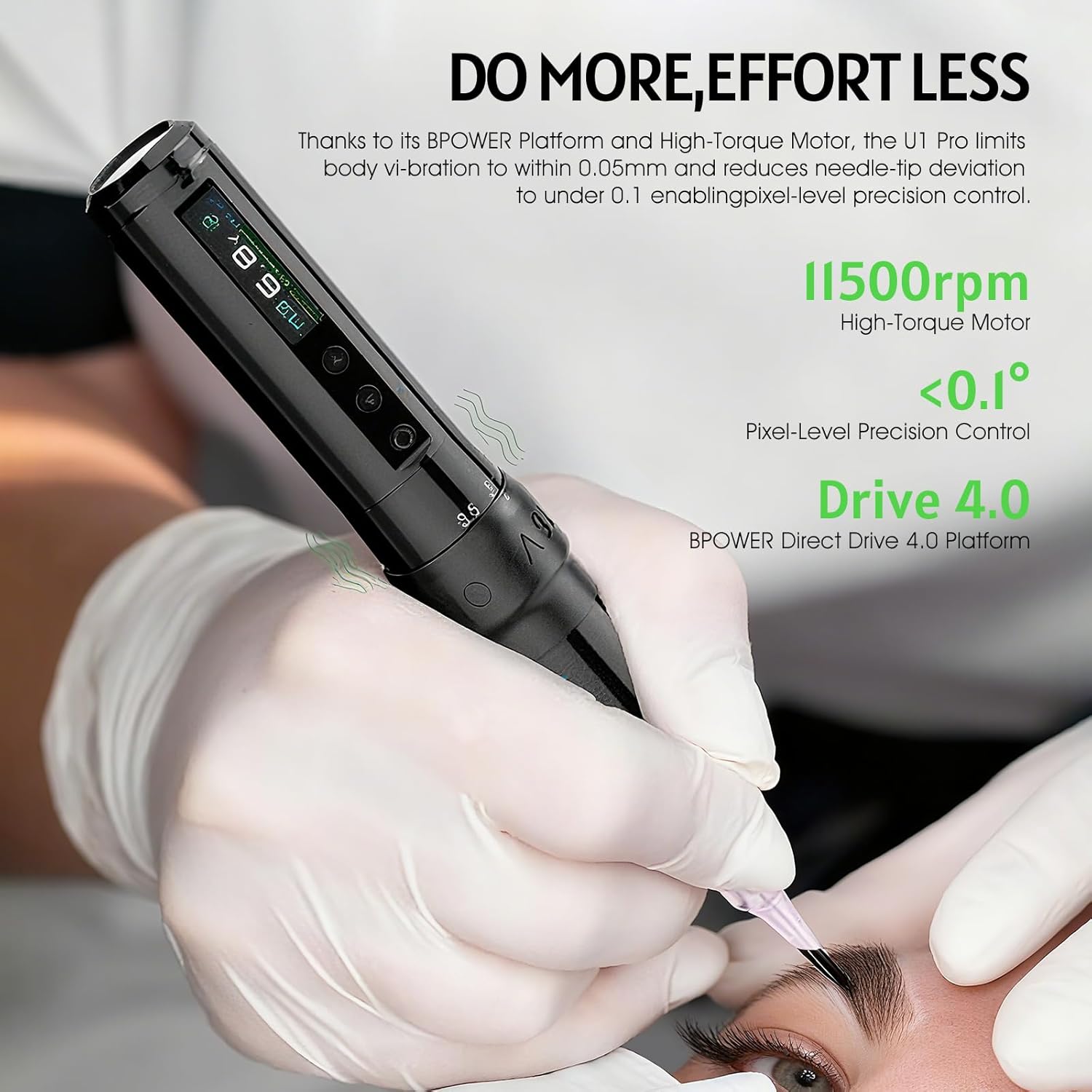 BIOMASER Plenilune U1 Pro Tattoo Gun Professional Wireless Permanent Makeup Machine, 6 Adjustable Strokes,Digital Display, for Tattooing,Eyebrows & Lips, Scalp Micropigmentation(Black)