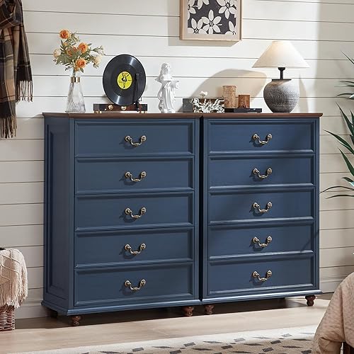 Miniatura 20 de Cómoda de 5 cajones estilo granja para dormitorio, cofres de cajones rústicos de 45" de alto con 4 patas de madera maciza, cómodas de almacenamiento