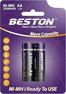 بطاريات Beston AA قابلة لإعادة الشحن Ni-MH بسعة عالية 2300 مللي أمبير/ساعة، 1.2 فولت، جاهزة للاستخدام، عبوة من قطعتين.