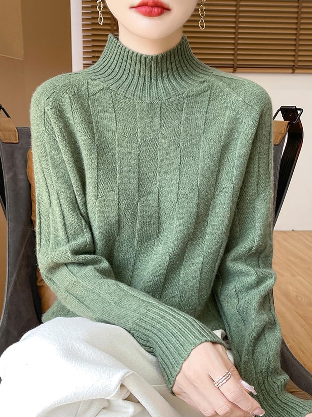 100% Merino Wool Sweaters for Women's Fall Winter Knitted Thick Pullover Long Sleeves Warm Rhombus Turtleneck(WQ706)