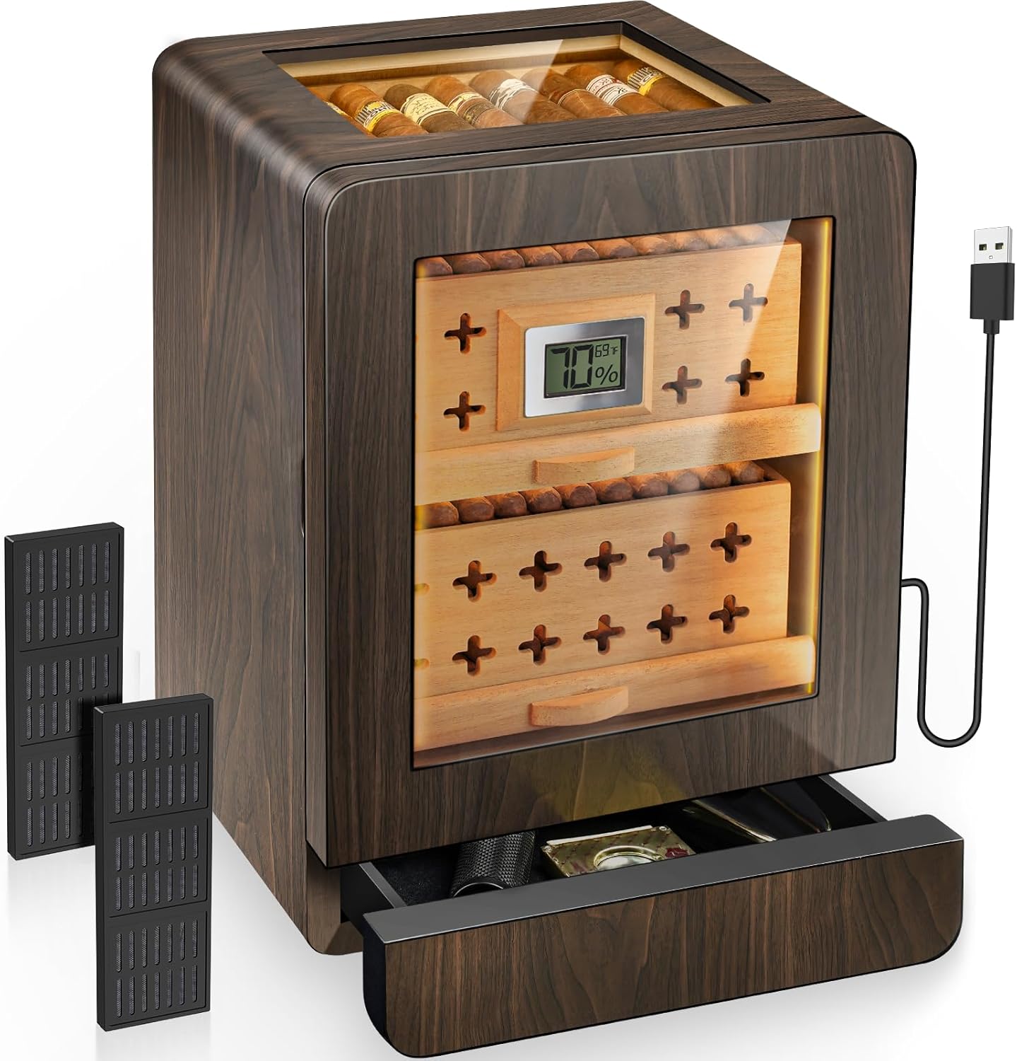 Flauno Cigar Humidor Cabinet with Dual-Fan Air Circulation System, 80+ Capacity, Thicker Spanish Cedar, Accurate Digital Hygrometer, Adjustable LED Lighting, Accessory Drawer, Gift for Aficionado