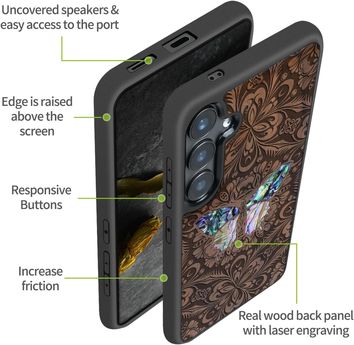 Carveit Magnetic Wooden Case for Samsung Galaxy S25 Case, Wood Artisan Engraved & Handmade Shell Inlaid, Compatible with MagSafe Wireless Chargers (Baroque Butterfly) Walnut
