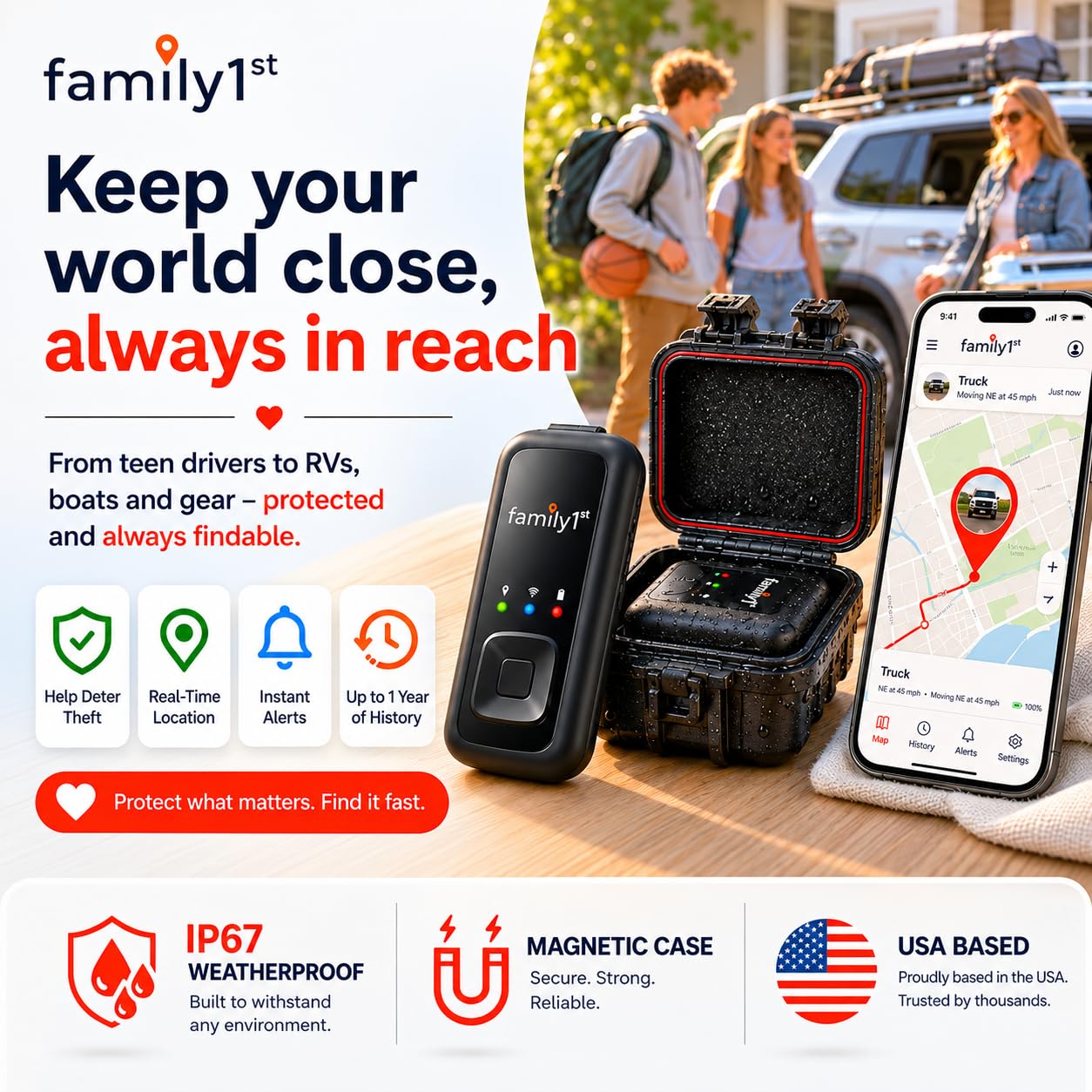 Family1st Dispositivo rastreador GPS para vehículos, coches, seres queridos, hasta 30 días de batería con carcasa impermeable magnética, seguimiento en tiempo real con aplicación, requiere suscripción