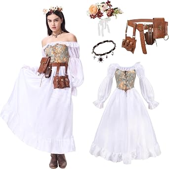 Renaissance Dress Medieval Dress for Women Off Shoulder Long Sleeve Flowy Dresses Medieval Costume for Halloween