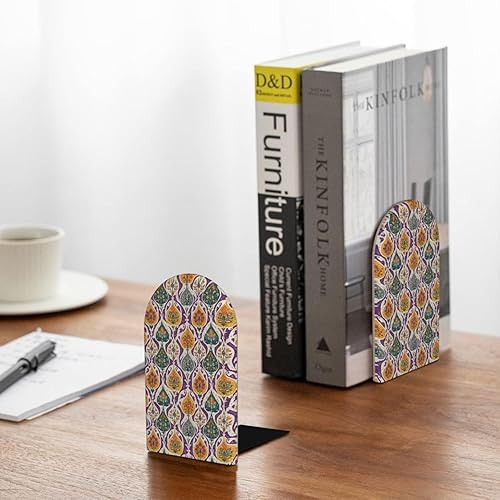 Miniatura 4 de Book Ends for Shelves 1 Pair - Retro Pattern 1 Print Wood with Metal Base Bookends for Heavy Books, Book Stand Organizer Holder for Books Movies Cds