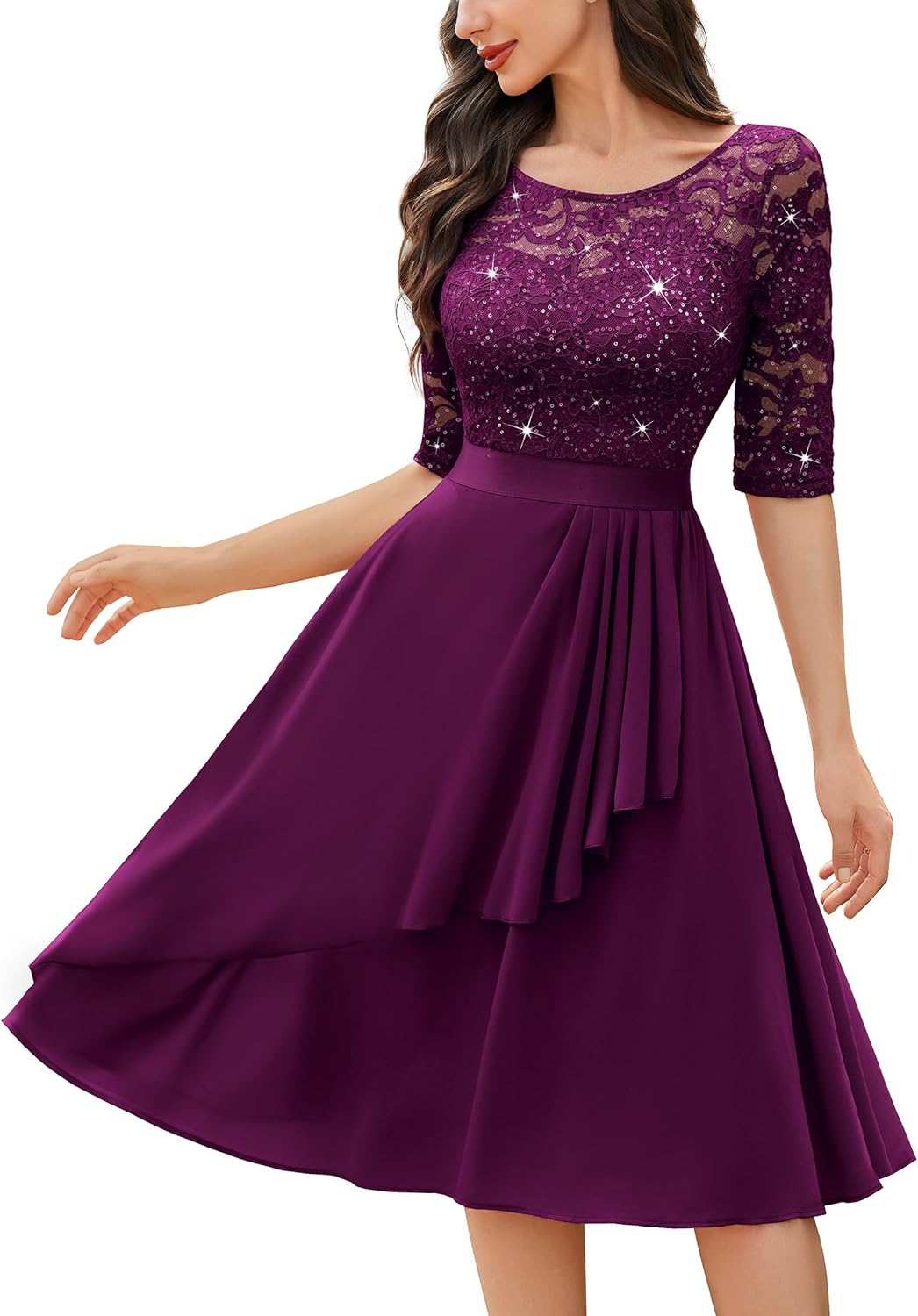 Miusol Women's Classy Scoop Neck Pleated Glitter Sequin Lace Half Sleeve Formal Party A-Line Dress