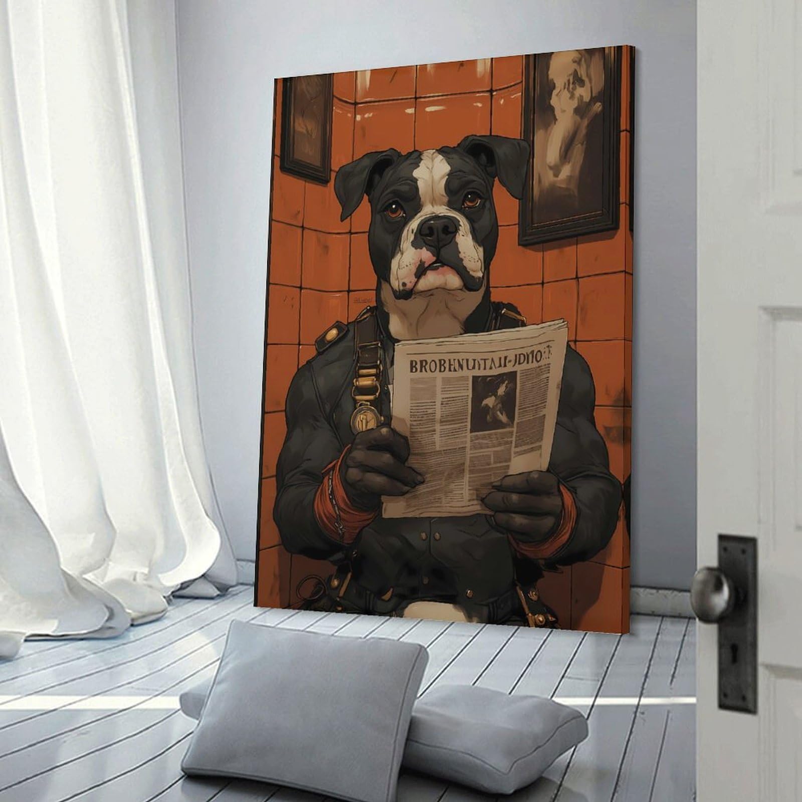 Junmoney Anthropomorphic Dog Reading Newspaper in Bathroom Wall Art Print 20x30inch(50x75cm), for Gallery Wall Layouts in Home Or Office, An Easy Match for Collected Prints