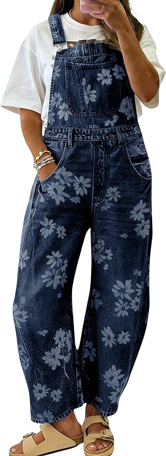 chouyatou Women's Adjustable Strap Floral Denim Overalls Barrel Jeans Boyfriend Y2K Wide Leg Onesies Denim Pant Jumpsuit