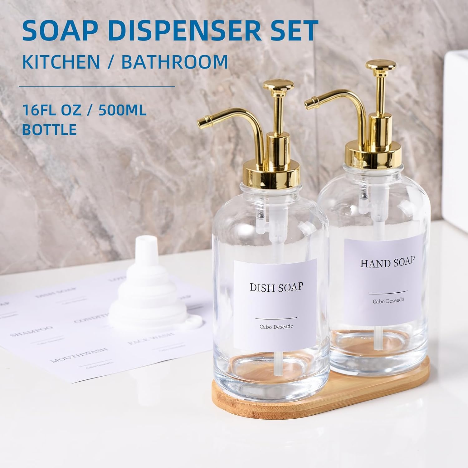 Glass Soap Dispenser with Pump, Dish and Hand Soap Dispenser for Kitchen Bathroom Set, Clear Glass Dispenser Set of 2 Pack with 18 Stickers Funnel Bamboo Tray 500ml 18oz / Each Bottle Gold Pump - Image 4