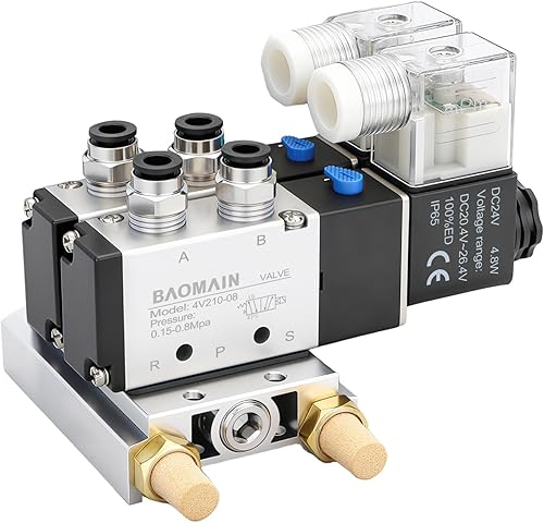 Miniatura 24 de Baomain 4V210-08 Electroválvula eléctrica, 24V DC 2-Posición 5-Way 1/4" Puerto PT, operado por piloto, cuerpo de aluminio con caja de conexiones