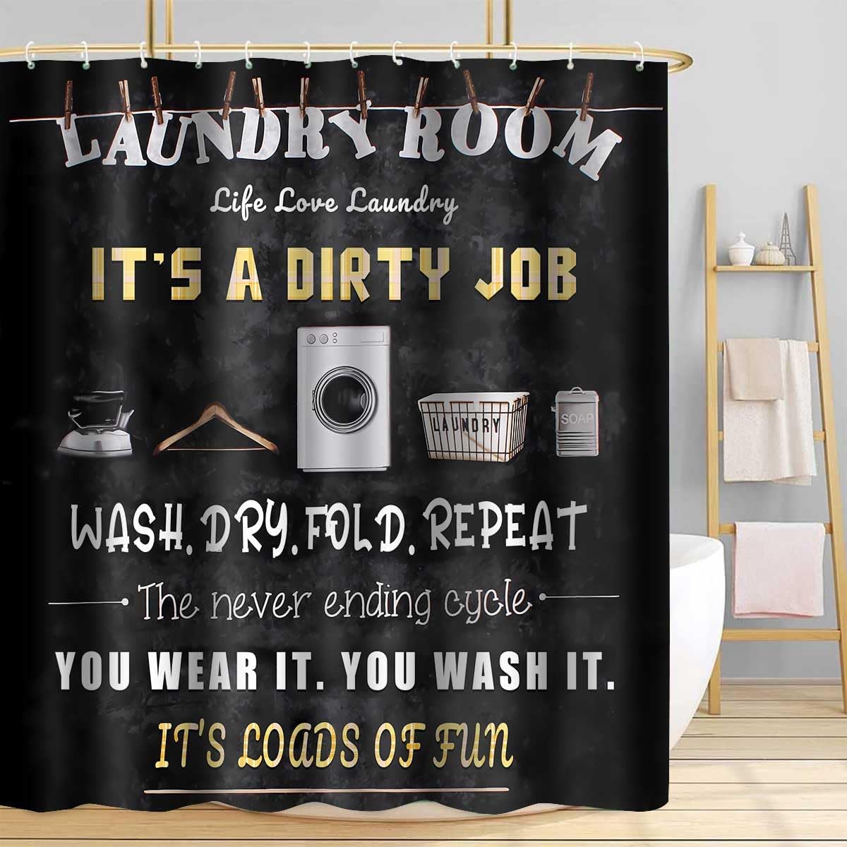 Laundry Room Shower Curtain, 60x72 inch Polyester, Laundry Wash Dry Fold Repeat Shower Curtain Sets, Life Inspirational Bathroom Bathtubs Decor Set with 10 Hooks YLOKTP0381