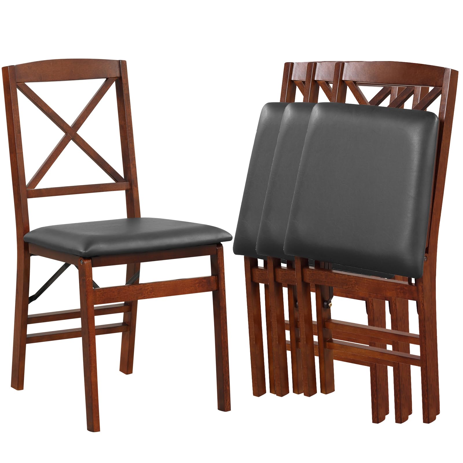 COSTWAY Solid Wood Folding Dining Chairs Set of 4 with Padded Seat, Brown
