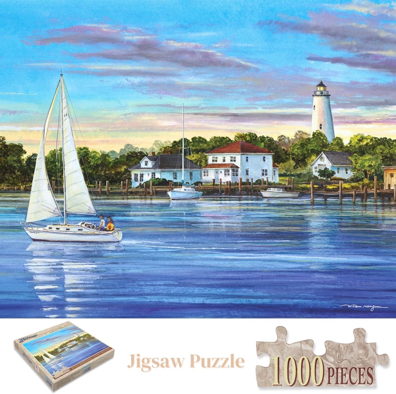 Heritage Puzzle Summer Breeze Jigsaw for Adults 1000 Pieces, 30"" x 24"" - Scenic Coastal Art with Lighthouse by William Mangum - Fun and Challenging Puzzle - Frameable - Made in U.S.A.