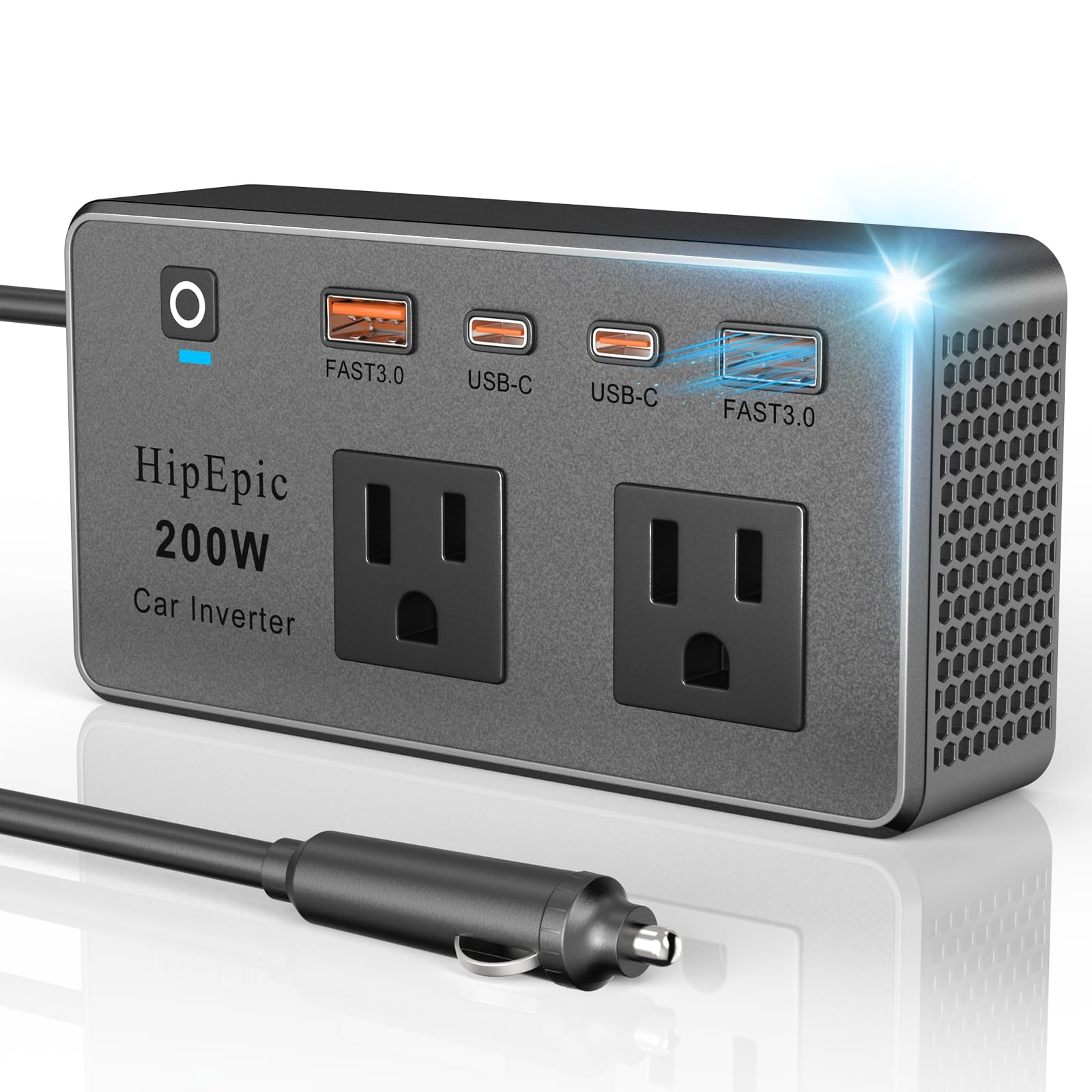 200W Car Power Inverter 12V to 110V Fast Charging, Car Outlet Adapter to Plug 24W USB A/C & Dual AC - 6 in 1 for Laptop Phone, Power Inverters for Vehicle Road Trips Camping (Silver-Black)