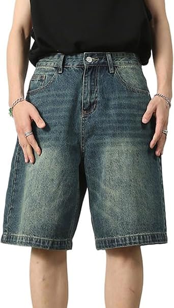 FCOOLYEET Baggy Jean Shorts for Men Loose Fit Jorts Y2K Summer Aesthetic Bermuda Shorts Wide Leg Denim Shorts Streetwear